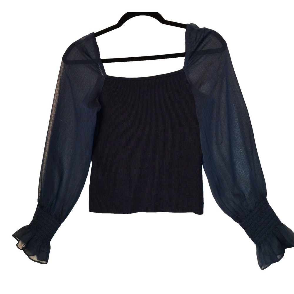 French Connection sz Small Navy Knit Top Sheer Sleeves Sweetheart Neckline NWT